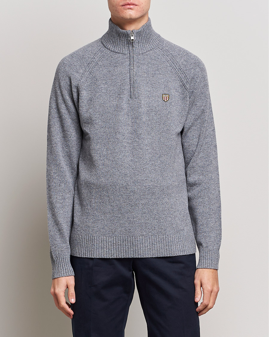 Herr | Tröjor | GANT | Banner Shield Lambswool Half Zip Dark Grey Melange