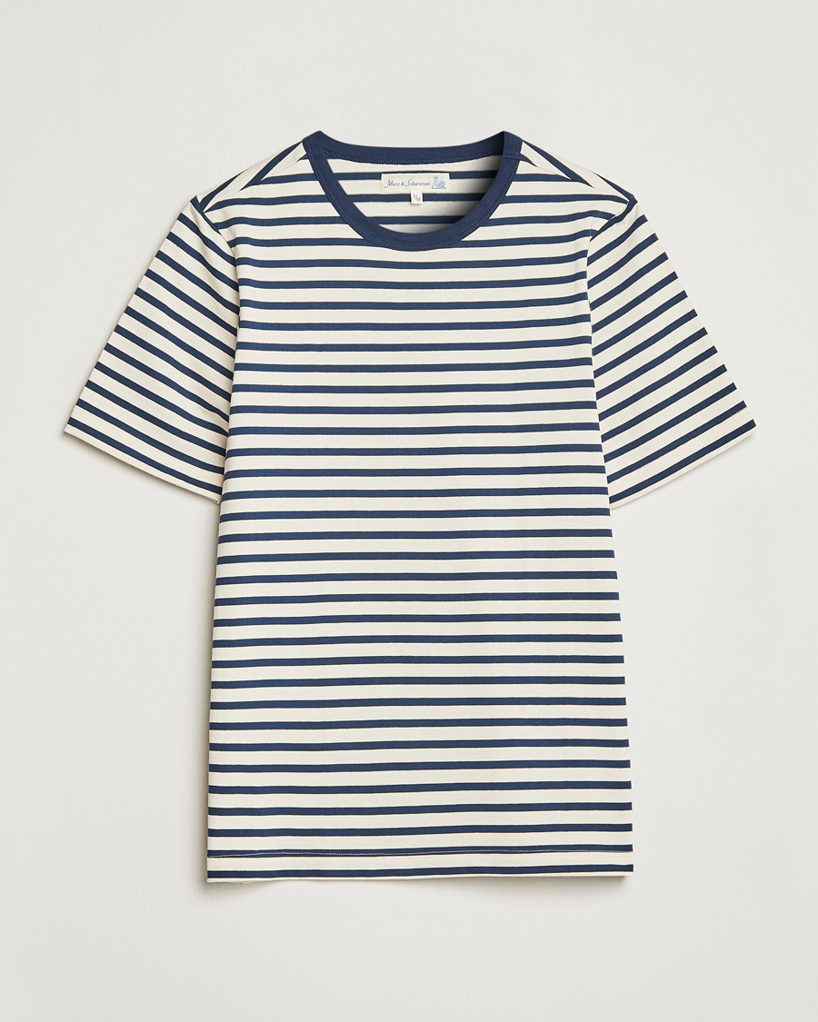 Herr | T-Shirts | Merz b. Schwanen | Relaxed Fit Striped Sturdy T-Shirt Ink/Nature