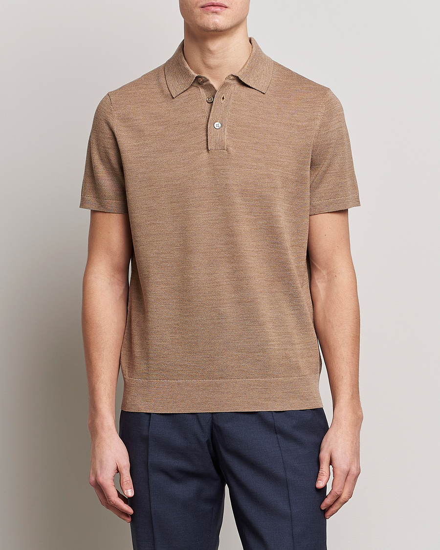 Herr |  | Morris Heritage | Alberto Knitted Short Sleeve Polo Shirt Camel