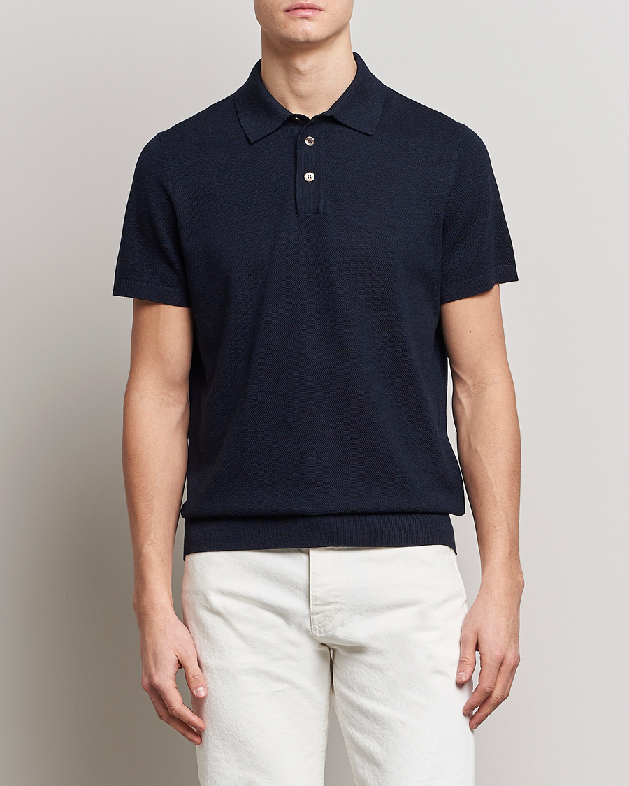 Herr | Morris | Morris Heritage | Alberto Knitted Short Sleeve Polo Shirt Navy