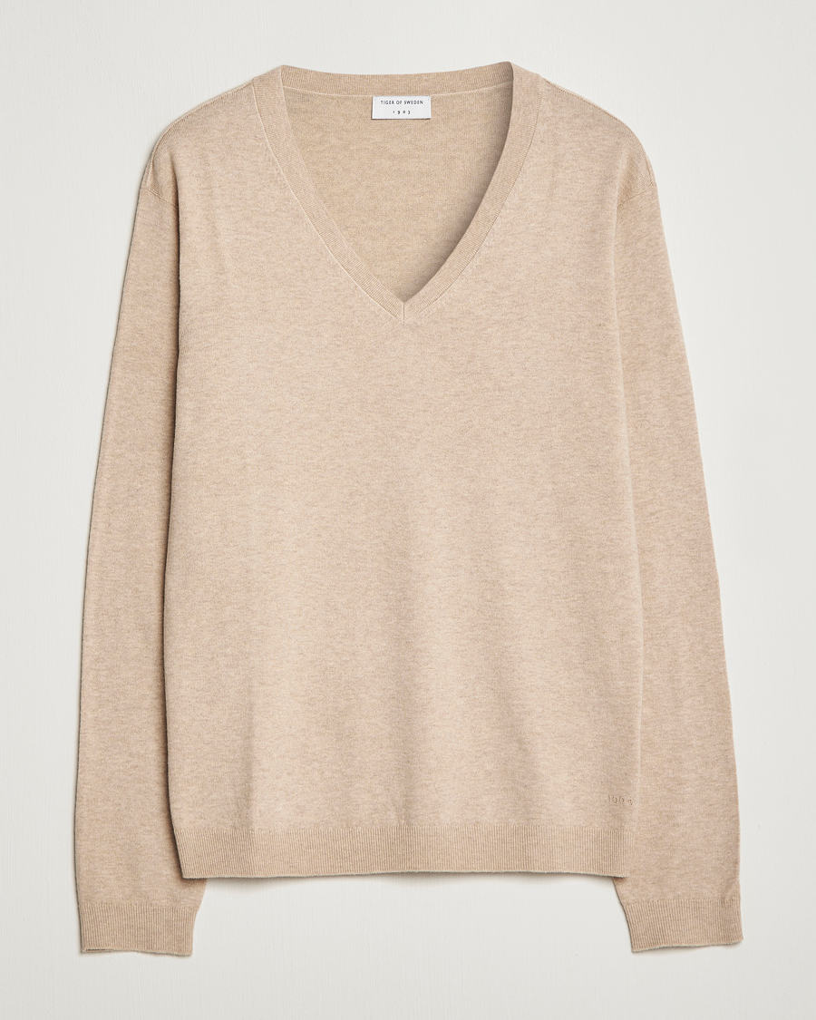 Herr | Tröjor | Tiger of Sweden | Pernell Extra Fine Merino V-Neck Beige Melange