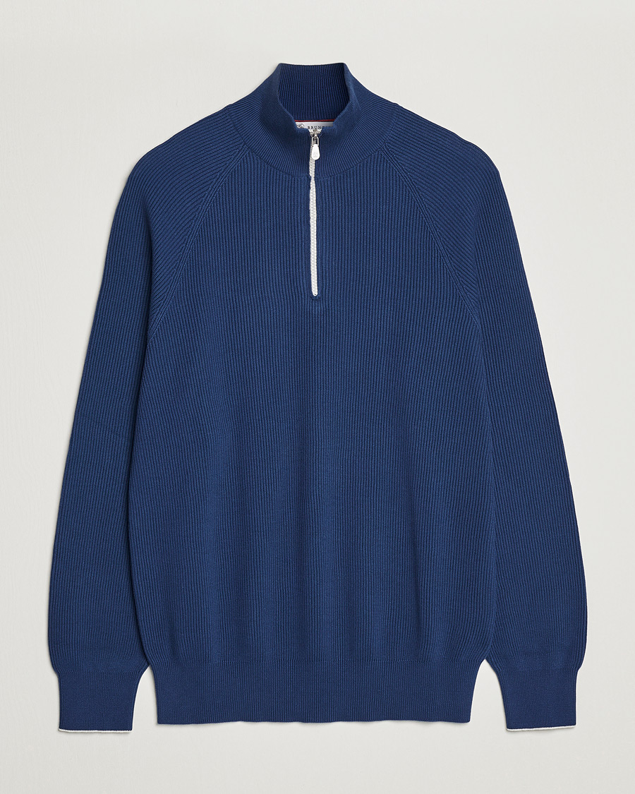 Herr | Tröjor | Brunello Cucinelli | Rib Stitch Half Zip Ocean Blue