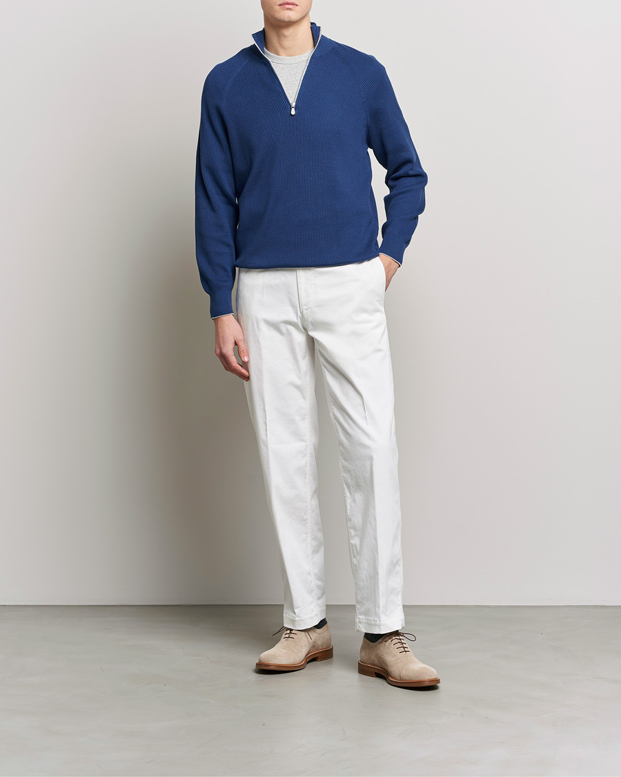 Herr | Tröjor | Brunello Cucinelli | Rib Stitch Half Zip Ocean Blue
