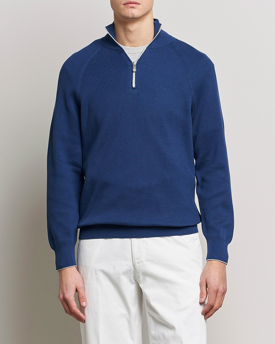 Herr | Tröjor | Brunello Cucinelli | Rib Stitch Half Zip Ocean Blue