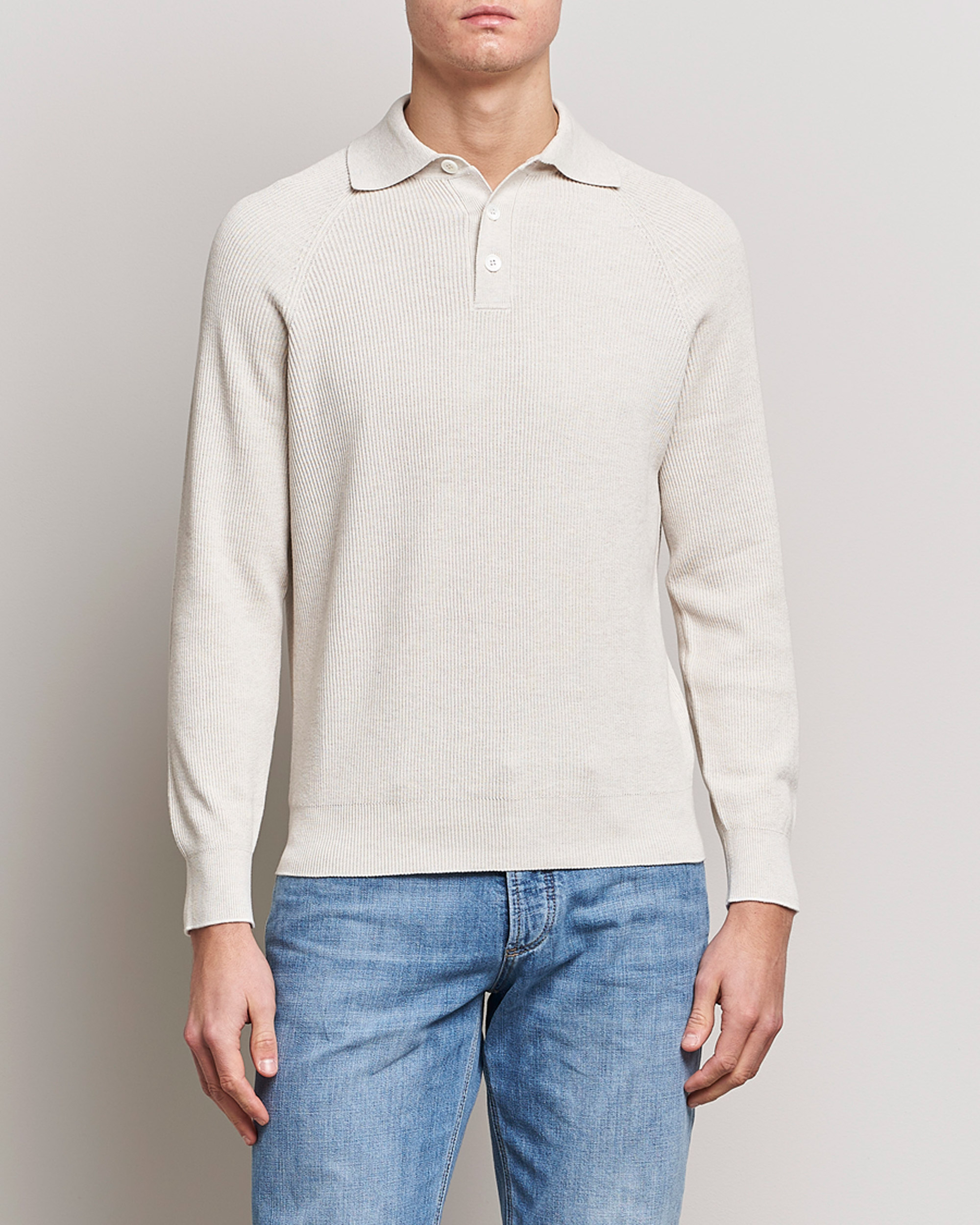 Herr | Stickade pikéer | Brunello Cucinelli | Rib Stitch Knitted Polo Light Beige