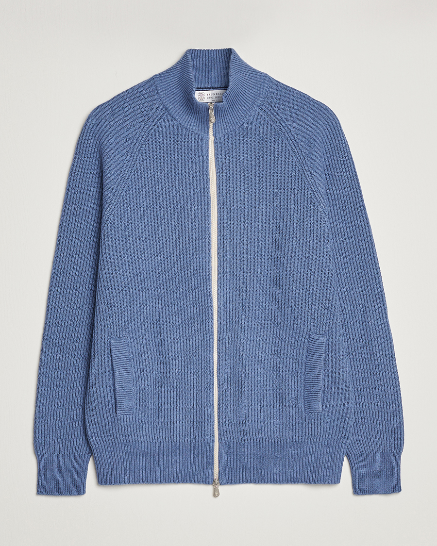 Herr | Tröjor | Brunello Cucinelli | Heavy Zip Sweater Oxford Blue