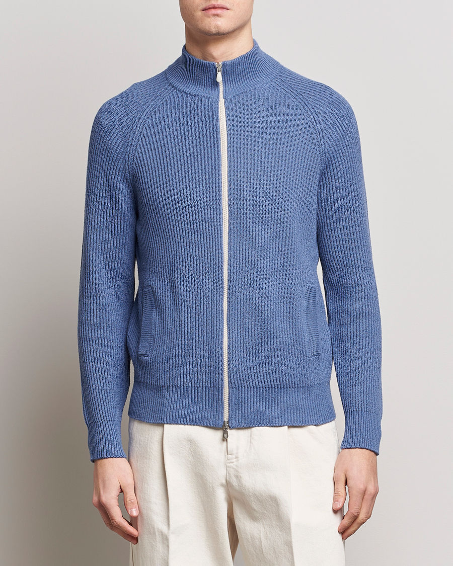 Herr | Full-zip | Brunello Cucinelli | Heavy Zip Sweater Oxford Blue