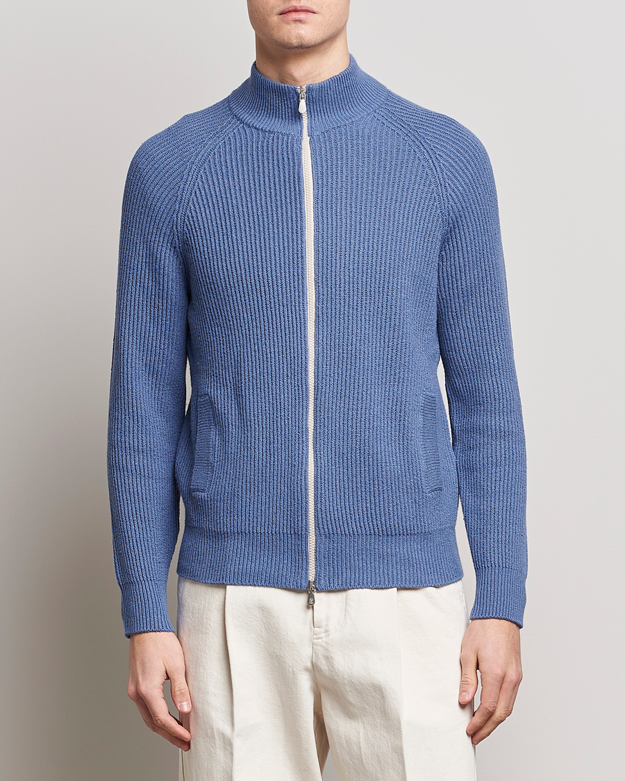 Herr | Tröjor | Brunello Cucinelli | Heavy Zip Sweater Oxford Blue
