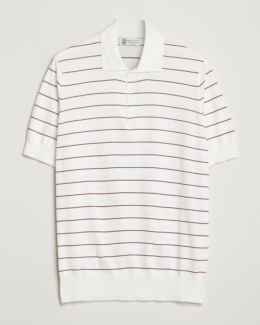 Herr | Pikéer | Brunello Cucinelli | Short Sleeve Striped Knitted Polo White/Burgundy