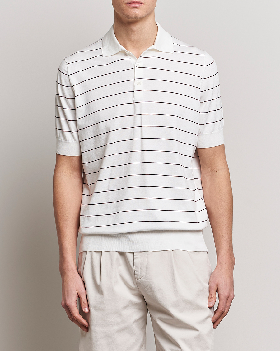 Herr | Pikéer | Brunello Cucinelli | Short Sleeve Striped Knitted Polo White/Burgundy
