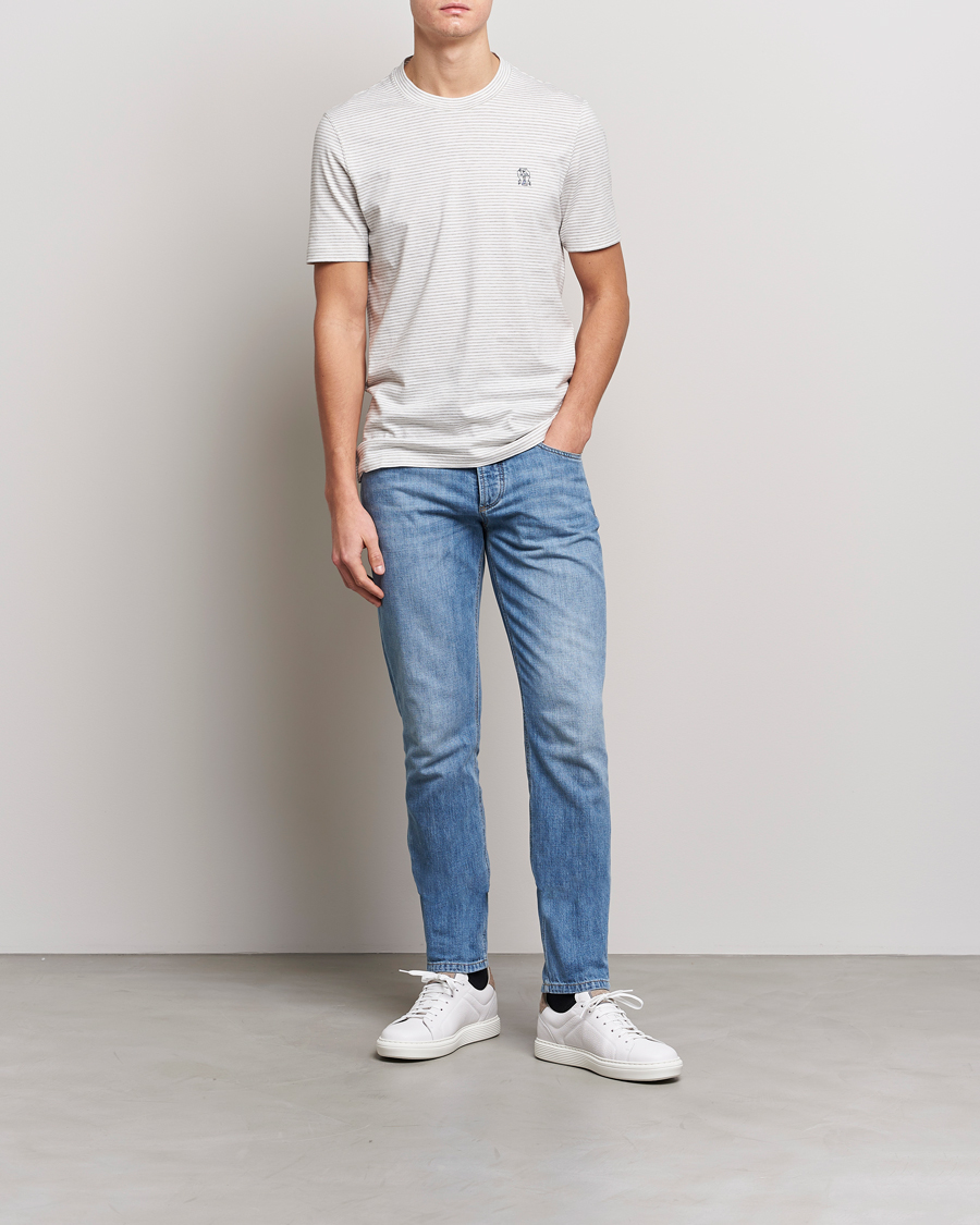 Herr | T-Shirts | Brunello Cucinelli | Short Sleeve Striped T-Shirt Light Grey