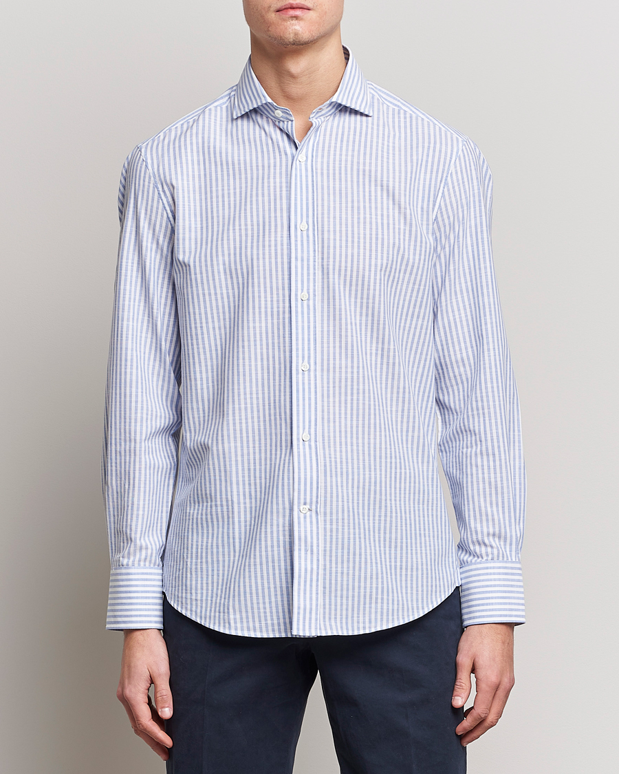 Herr | Linneskjortor | Brunello Cucinelli | Slim Fit Linen Striped Shirt Light Blue