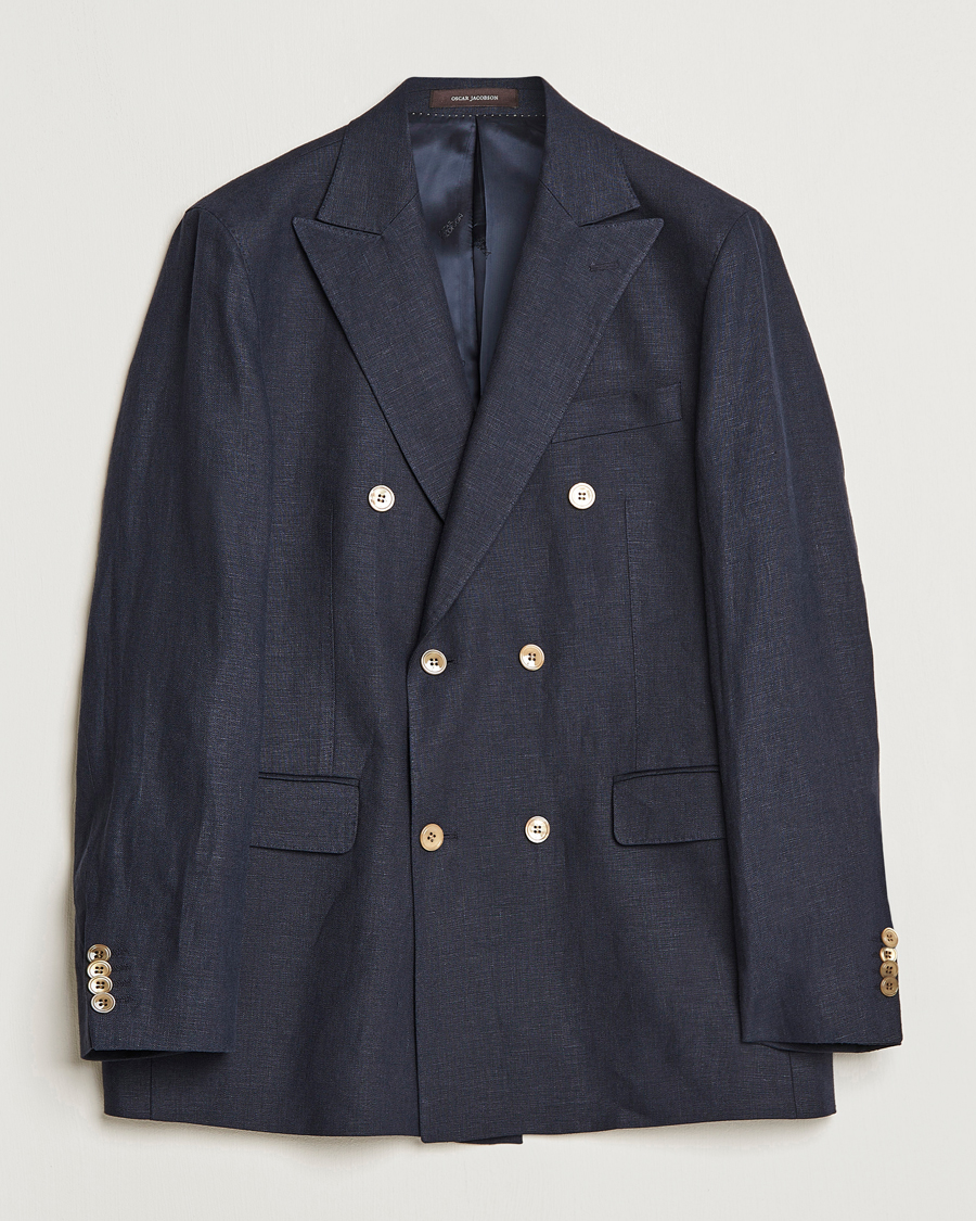 Herr | Kavajer | Oscar Jacobson | Farris Double Breasted Linen Blazer Navy
