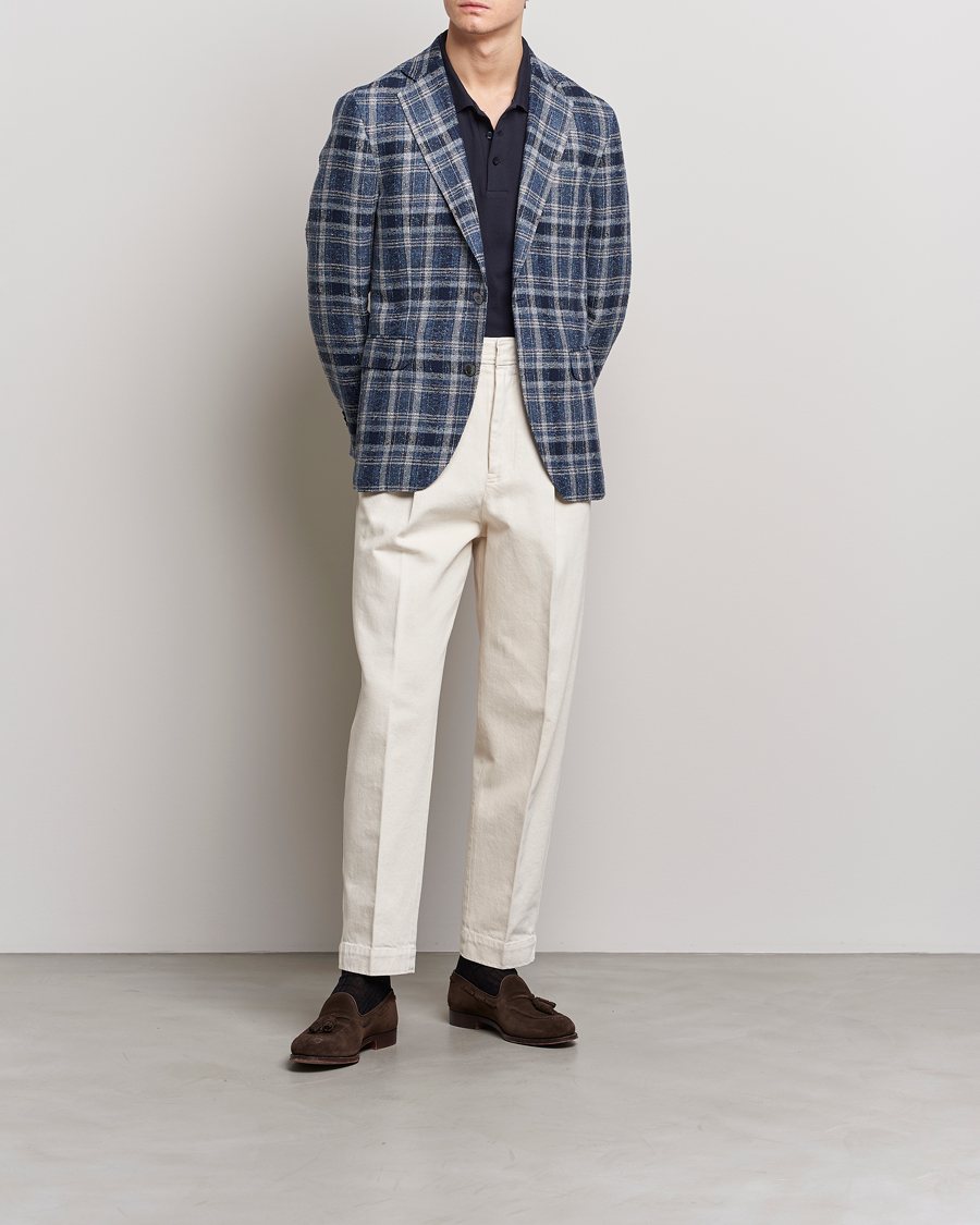 Herr | Kavajer | Oscar Jacobson | Ferry Soft Checked Linen Blazer Blue
