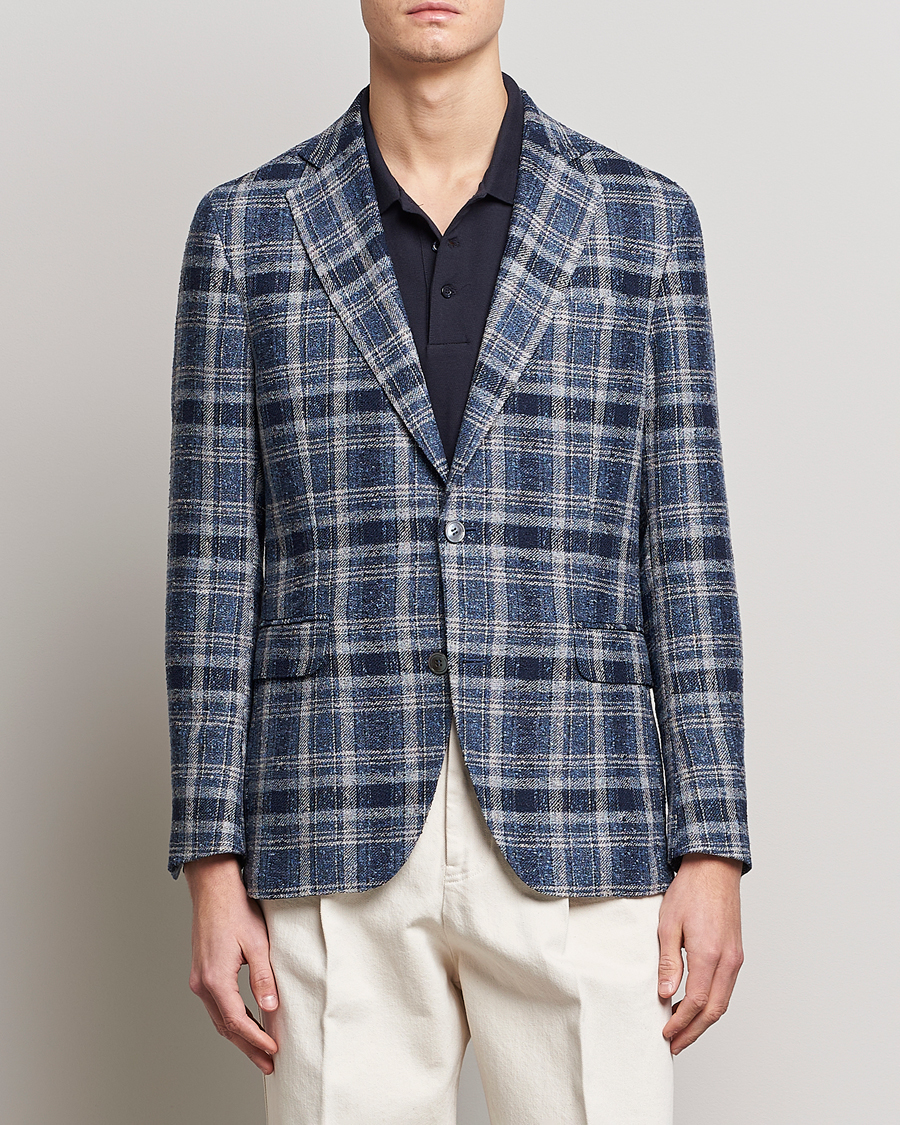 Herr | Kavajer | Oscar Jacobson | Ferry Soft Checked Linen Blazer Blue