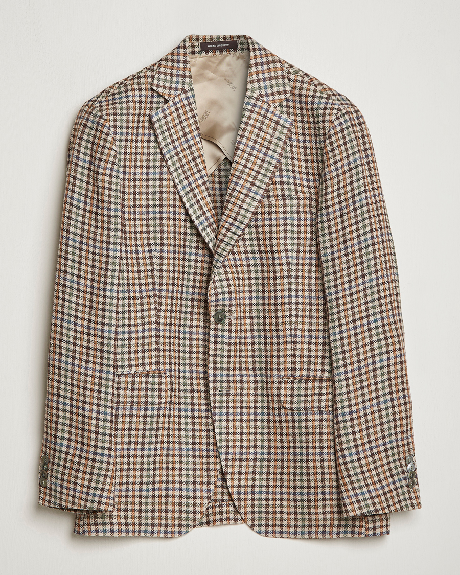 Herr | Kavajer | Oscar Jacobson | Ferry Checked Summer Tweed Linen/Silk Blazer Brown