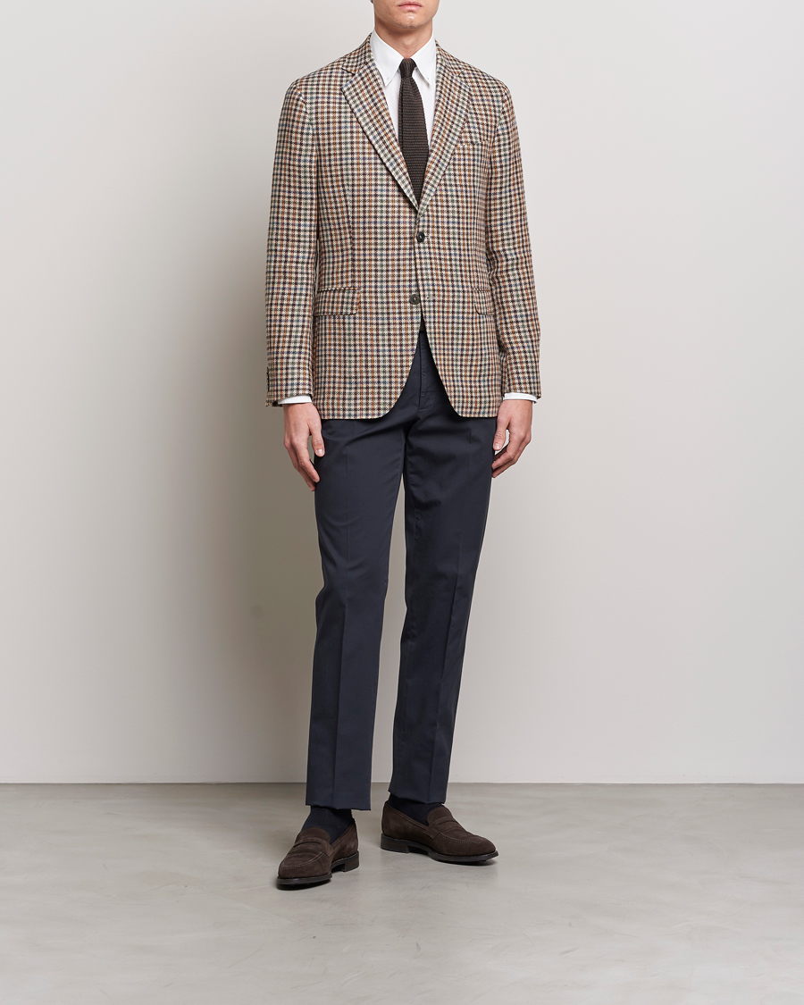 Herr | Kavajer | Oscar Jacobson | Ferry Checked Summer Tweed Linen/Silk Blazer Brown