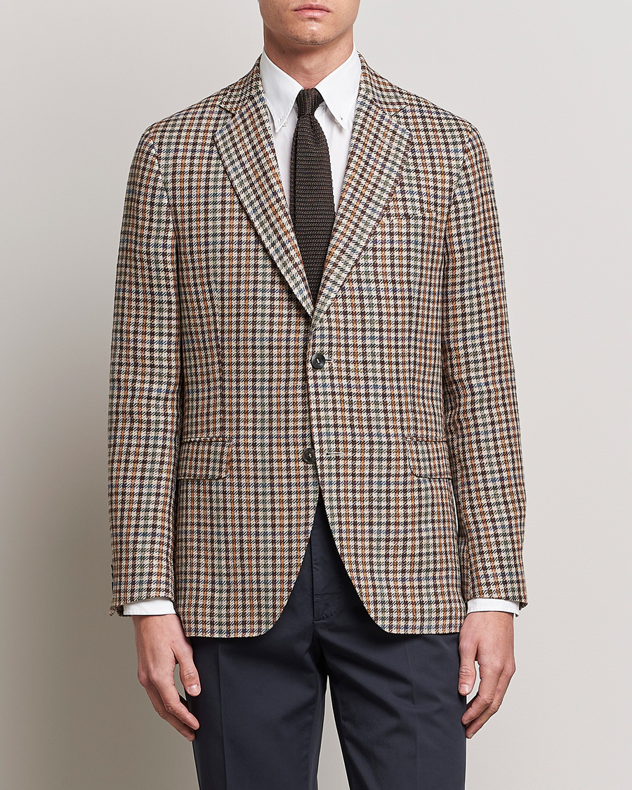 Herr | Kavajer | Oscar Jacobson | Ferry Checked Summer Tweed Linen/Silk Blazer Brown