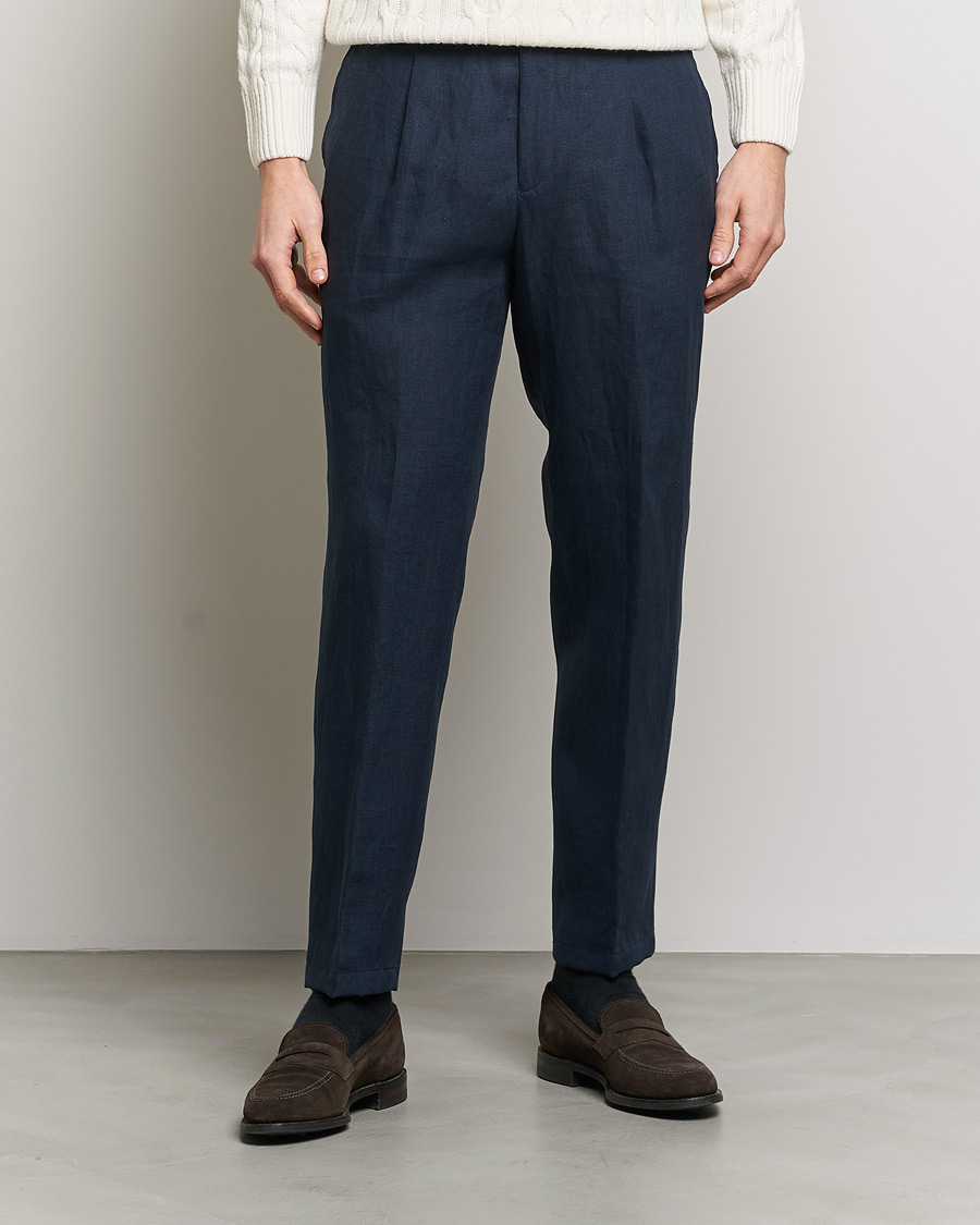 Herr | Byxor | Oscar Jacobson | Delon Linen Trousers Navy