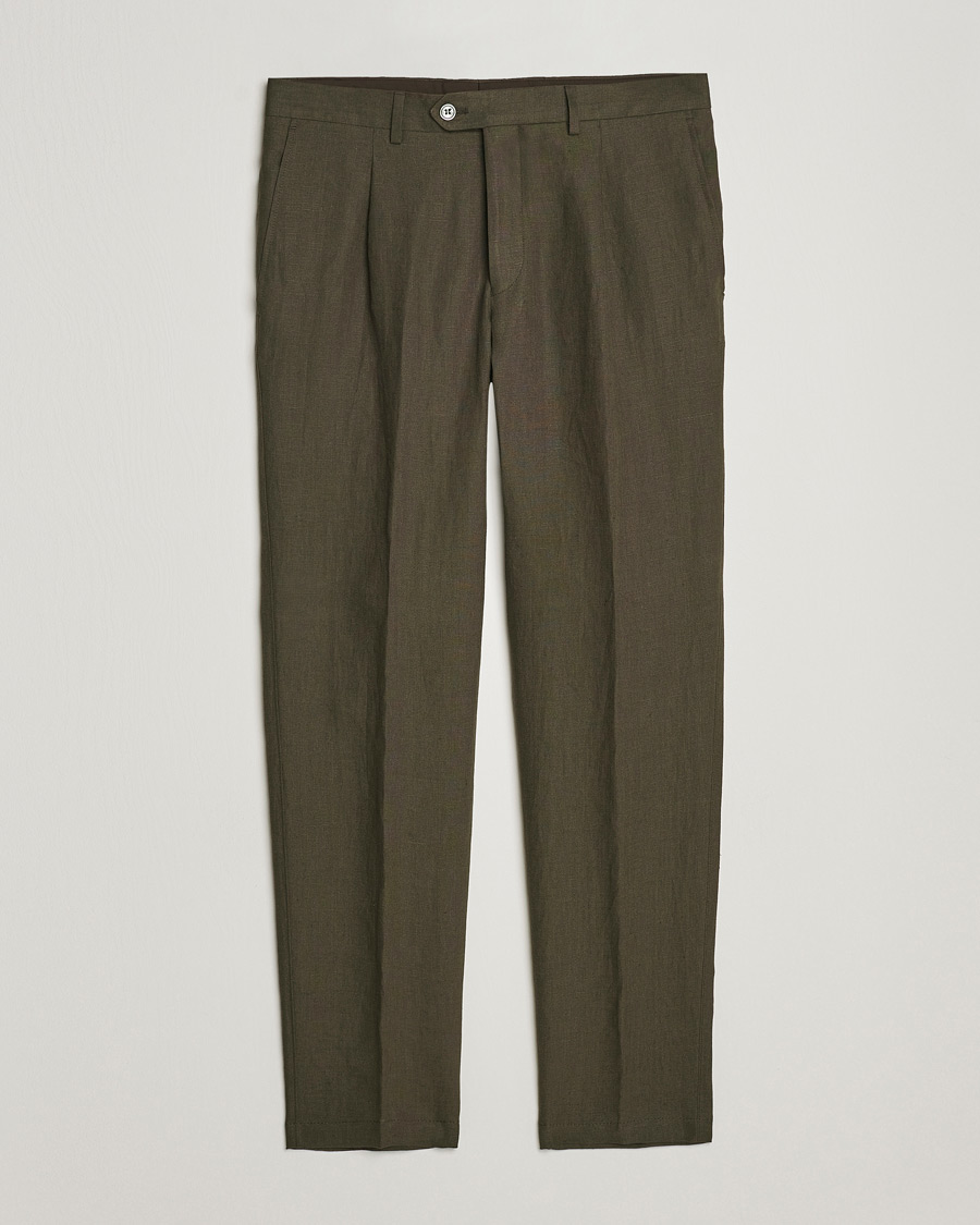Herr | Byxor | Oscar Jacobson | Delon Linen Trousers Dark Green