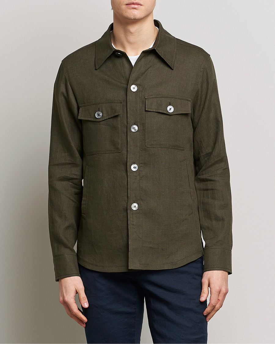 Herr | Skjortjackor | Oscar Jacobson | Maverick Linen Shirt Jacket Dark Green