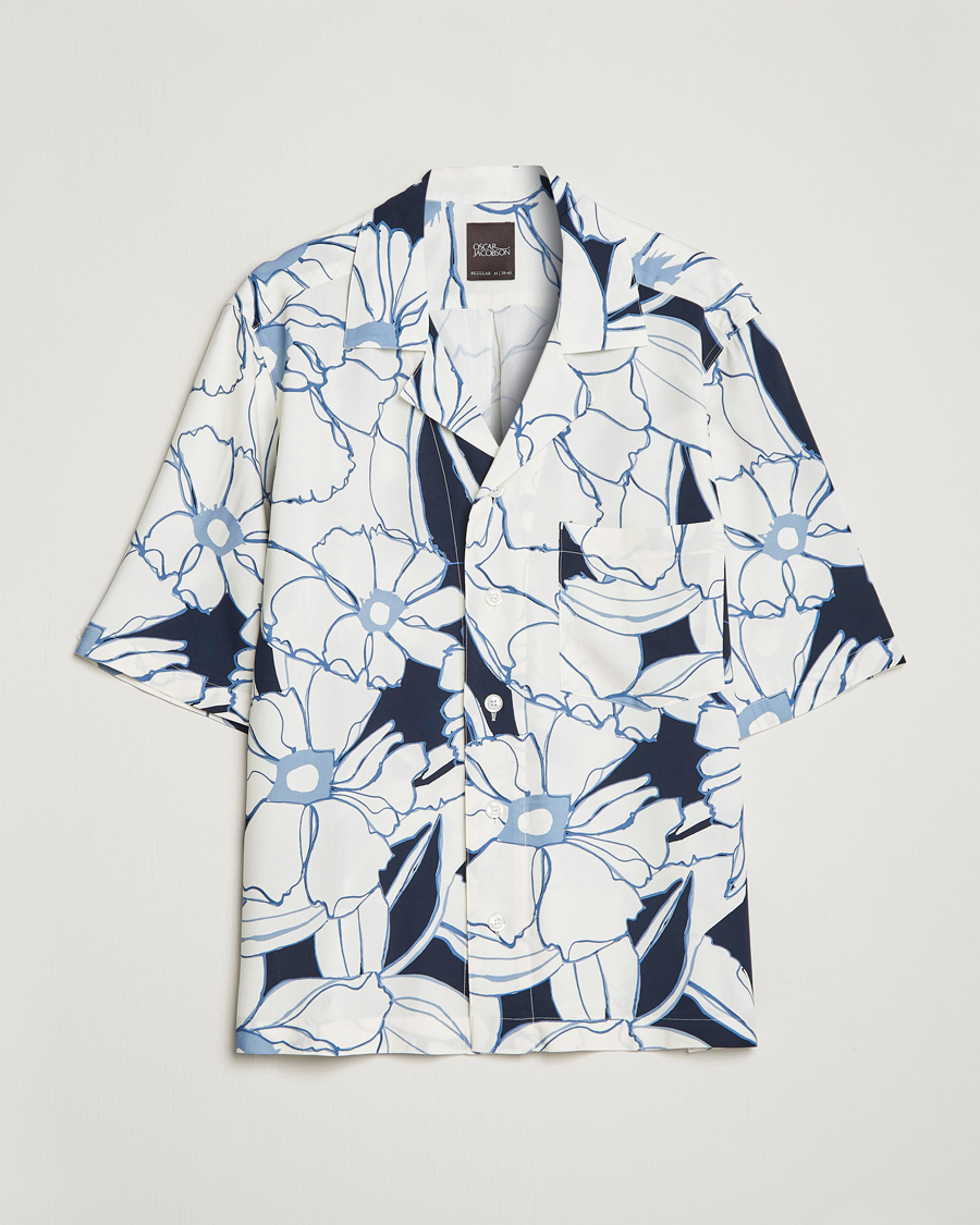 Herr | Skjortor | Oscar Jacobson | Cuban Short Sleeve Flower Print Shirt White
