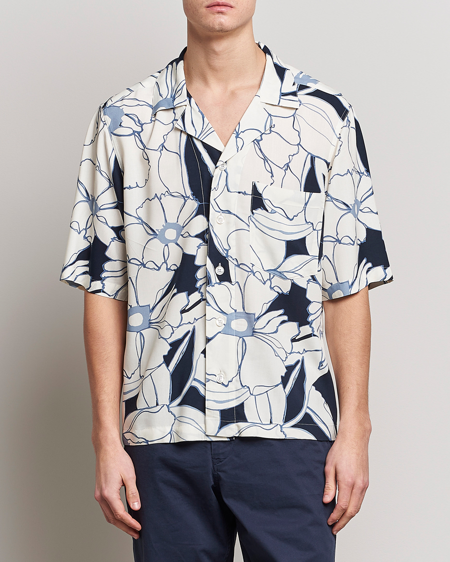 Herr | Kortärmade skjortor | Oscar Jacobson | Cuban Short Sleeve Flower Print Shirt White