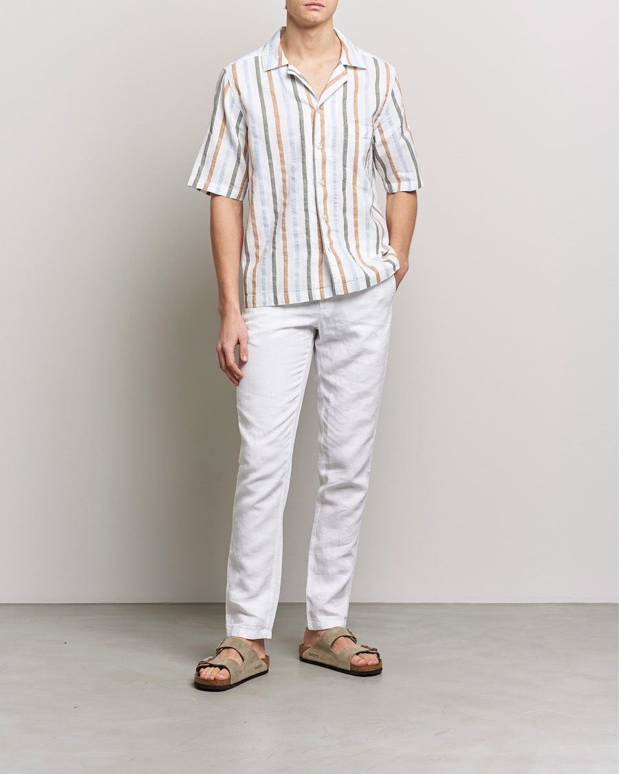Herr | Skjortor | Oscar Jacobson | Cuban Short Sleeve Multi Stripe Shirt White