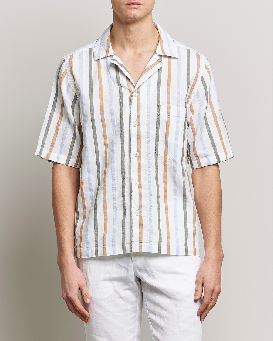 Herr | Kortärmade skjortor | Oscar Jacobson | Cuban Short Sleeve Multi Stripe Shirt White