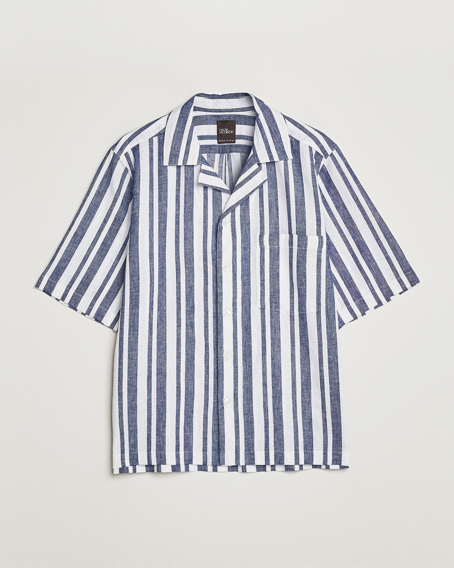 Herr | Skjortor | Oscar Jacobson | Cuban Short Sleeve Riviera Stripe Shirt White