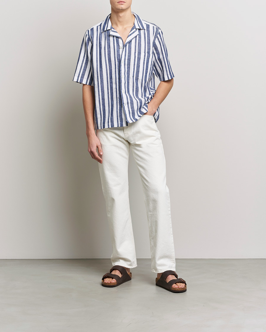 Herr | Skjortor | Oscar Jacobson | Cuban Short Sleeve Riviera Stripe Shirt White