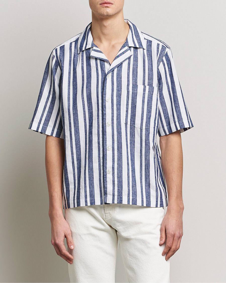 Herr | Oscar Jacobson | Oscar Jacobson | Cuban Short Sleeve Riviera Stripe Shirt White