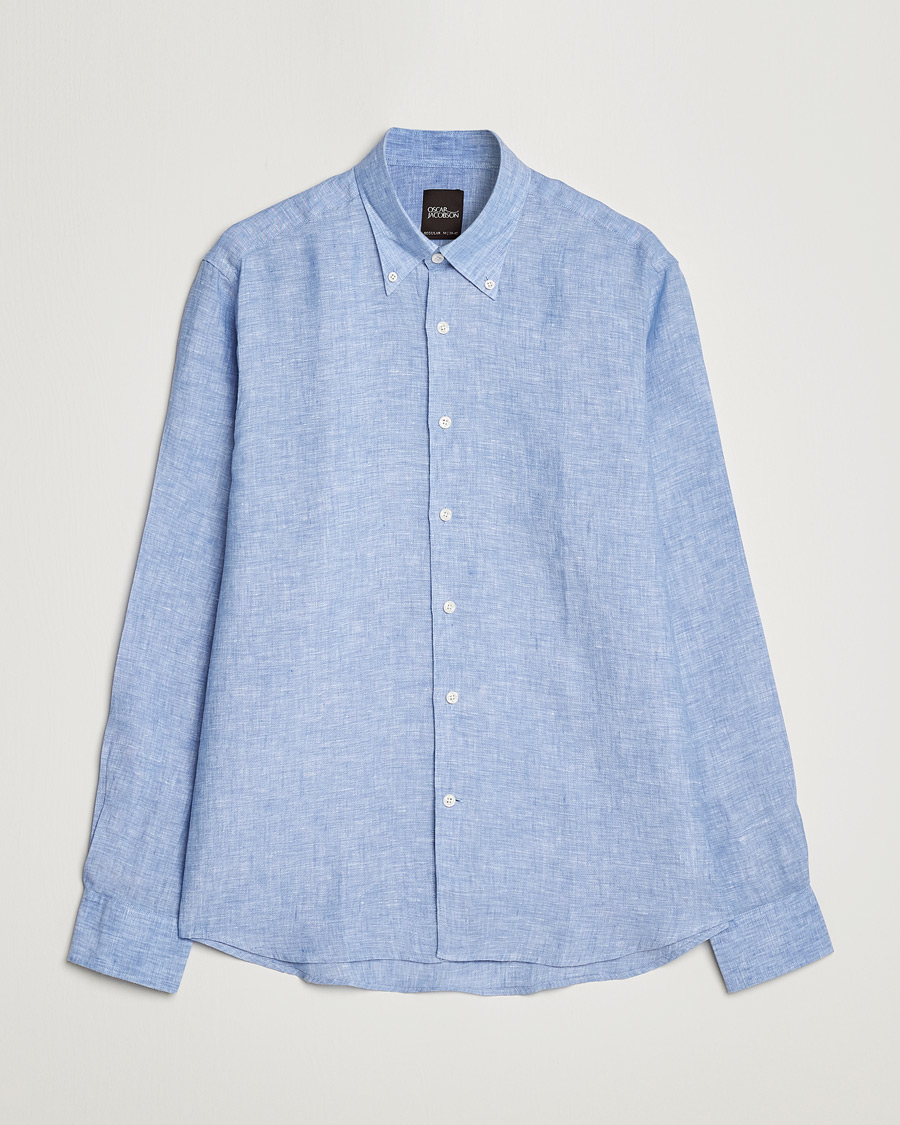 Herr | Skjortor | Oscar Jacobson | Regular Fit Button Down Linen Shirt Blue