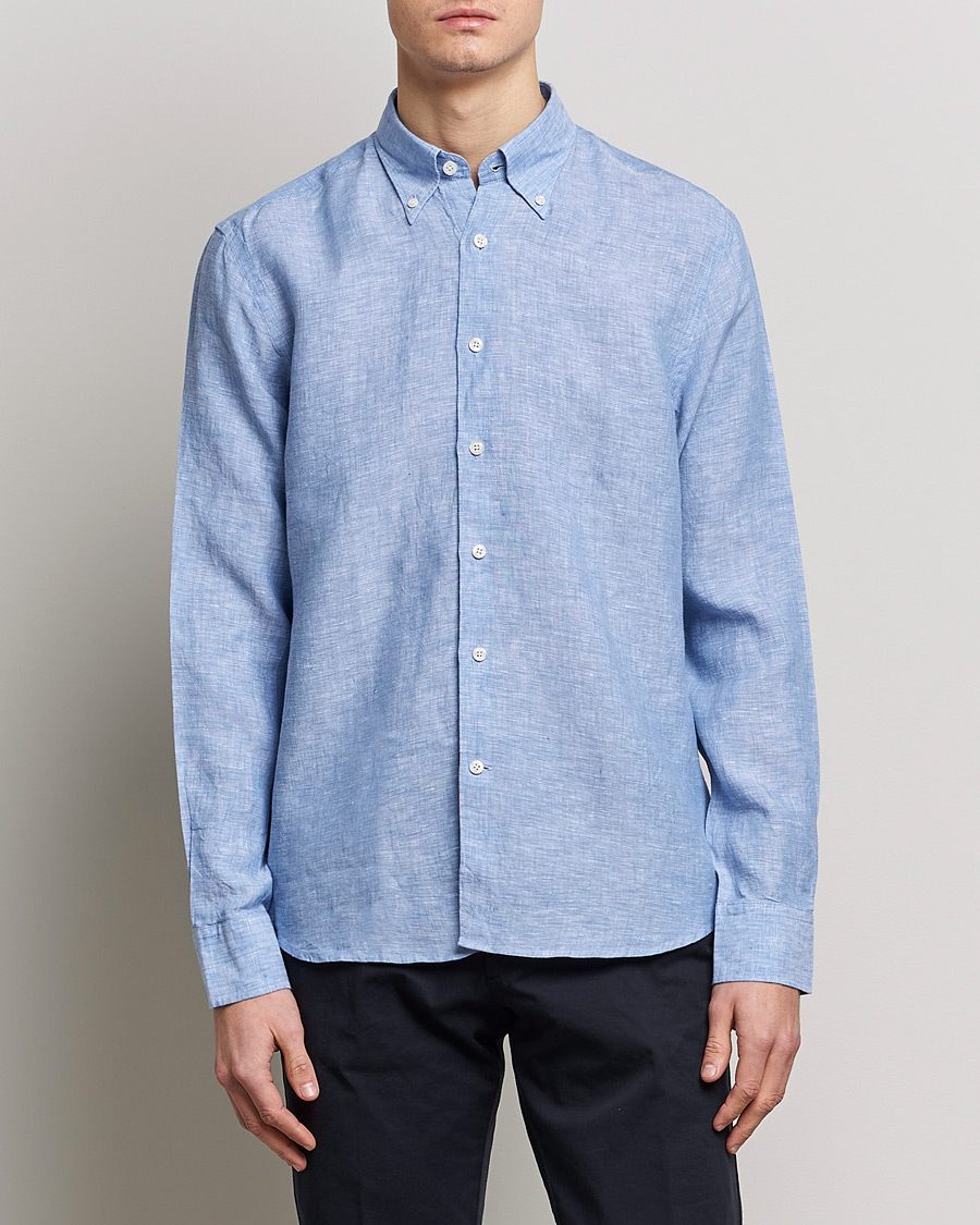 Herr | Linneskjortor | Oscar Jacobson | Regular Fit Button Down Linen Shirt Light Blue