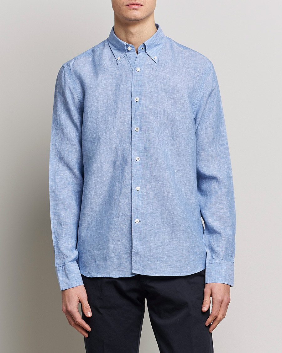 Herr | Avdelningar | Oscar Jacobson | Regular Fit Button Down Linen Shirt Blue