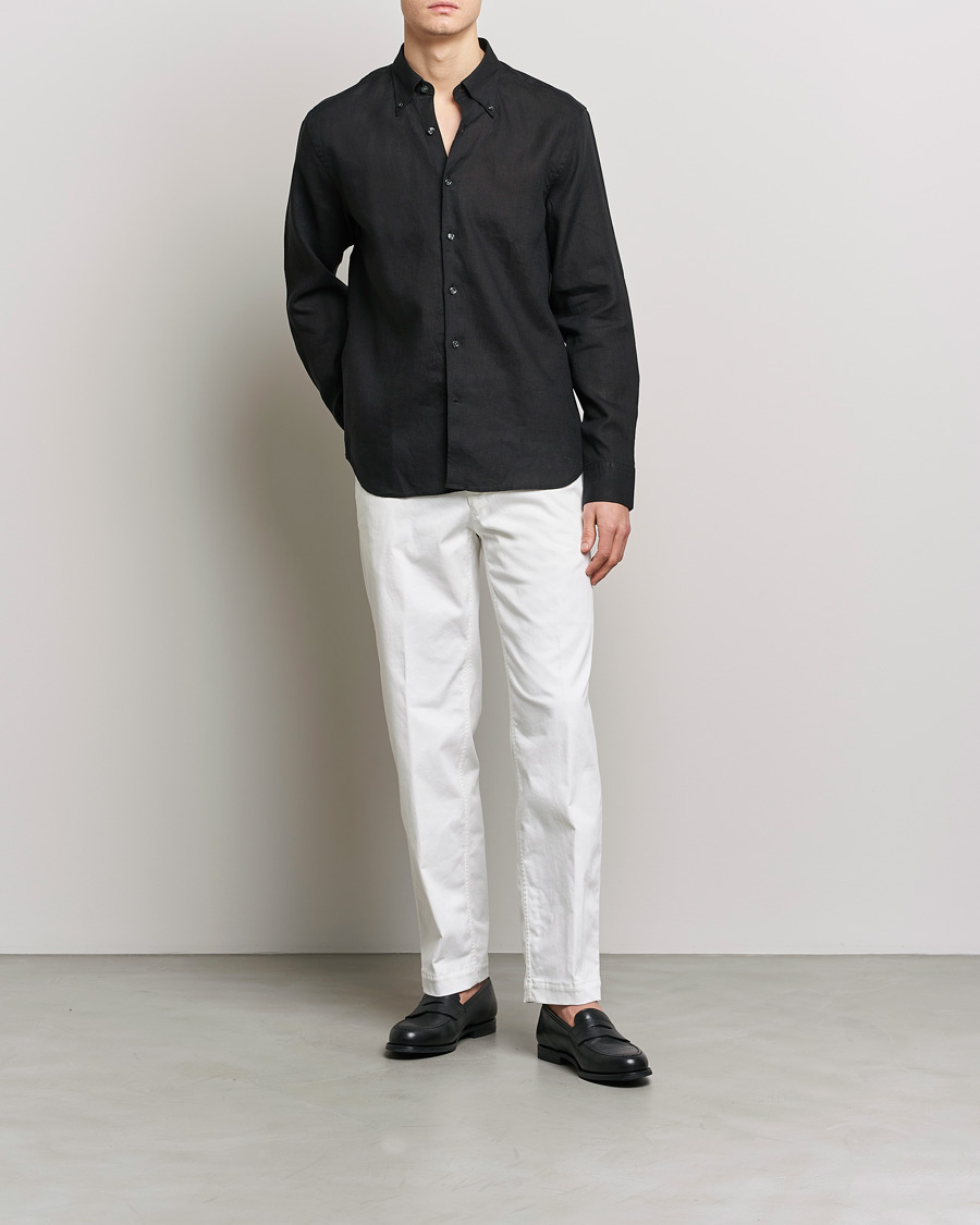 Herr | Skjortor | Oscar Jacobson | Regular Fit Button Down Linen Shirt Black