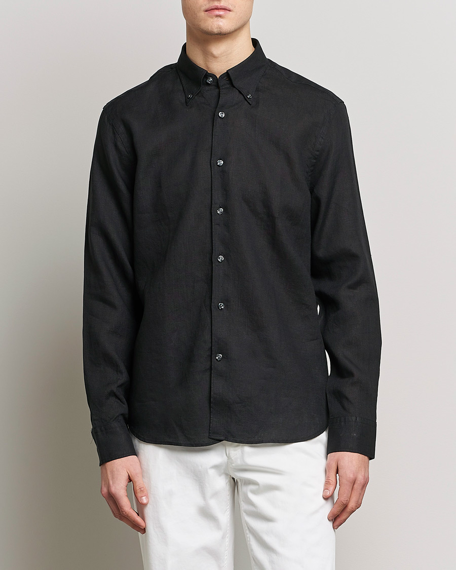 Herr |  | Oscar Jacobson | Regular Fit Button Down Linen Shirt Black