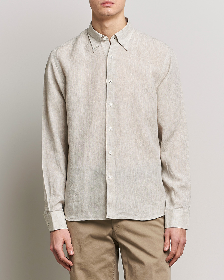 Herr | Kläder | Oscar Jacobson | Regular Fit Button Down Linen Shirt Beige