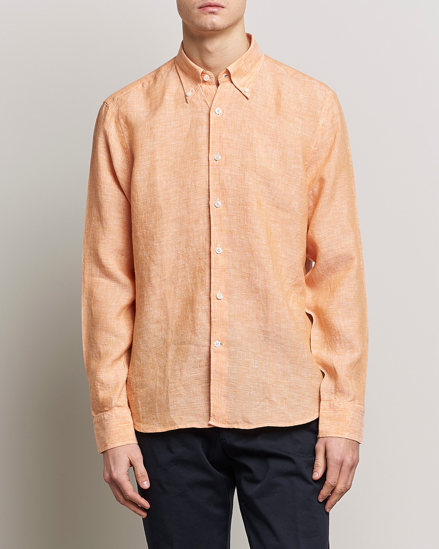 Herr | Skjortor | Oscar Jacobson | Regular Fit Button Down Linen Shirt Orange