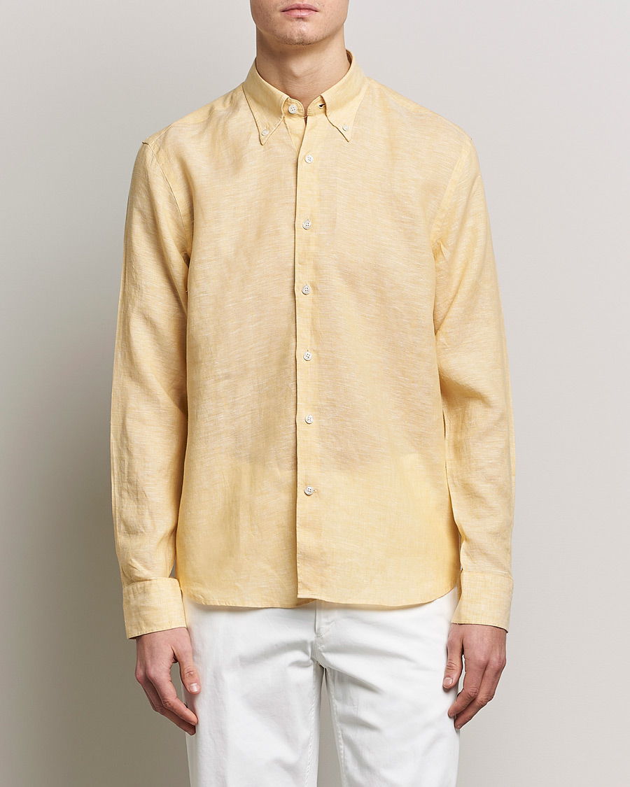Herr | Skjortor | Oscar Jacobson | Regular Fit Button Down Linen Shirt Yellow