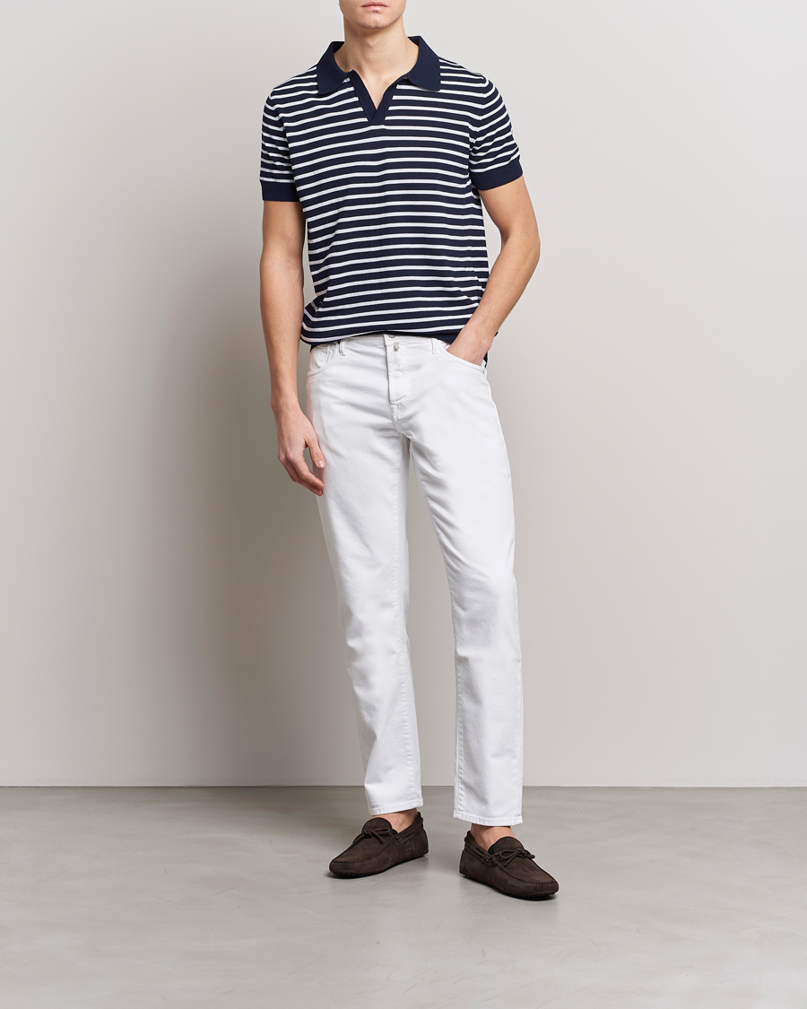 Herr | Pikéer | Oscar Jacobson | Devon Short Sleeve Striped Cotton Polo White/Blue