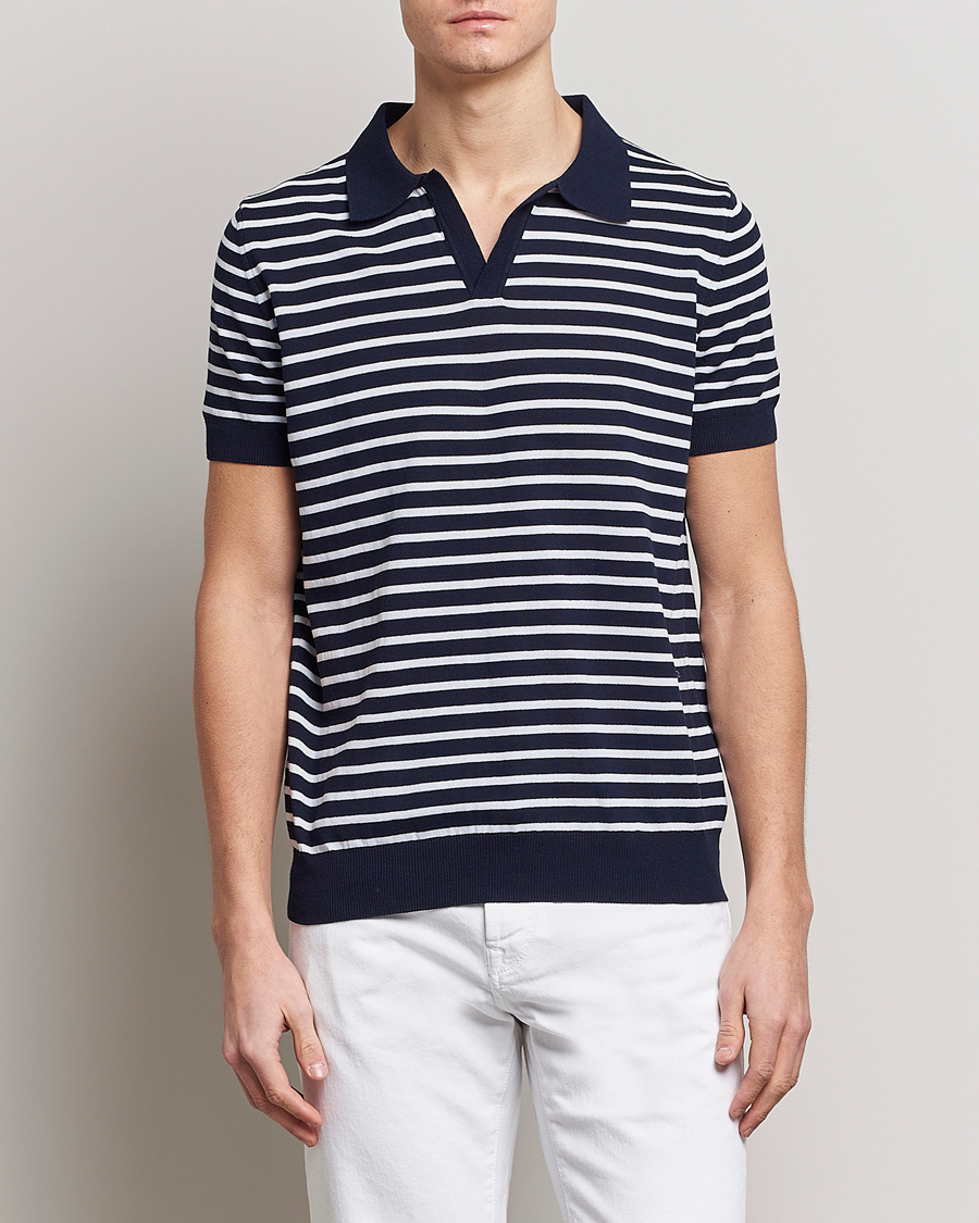 Herr | Pikéer | Oscar Jacobson | Devon Short Sleeve Striped Cotton Polo White/Blue