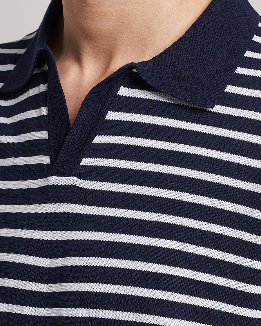 Herr | Pikéer | Oscar Jacobson | Devon Short Sleeve Striped Cotton Polo White/Blue