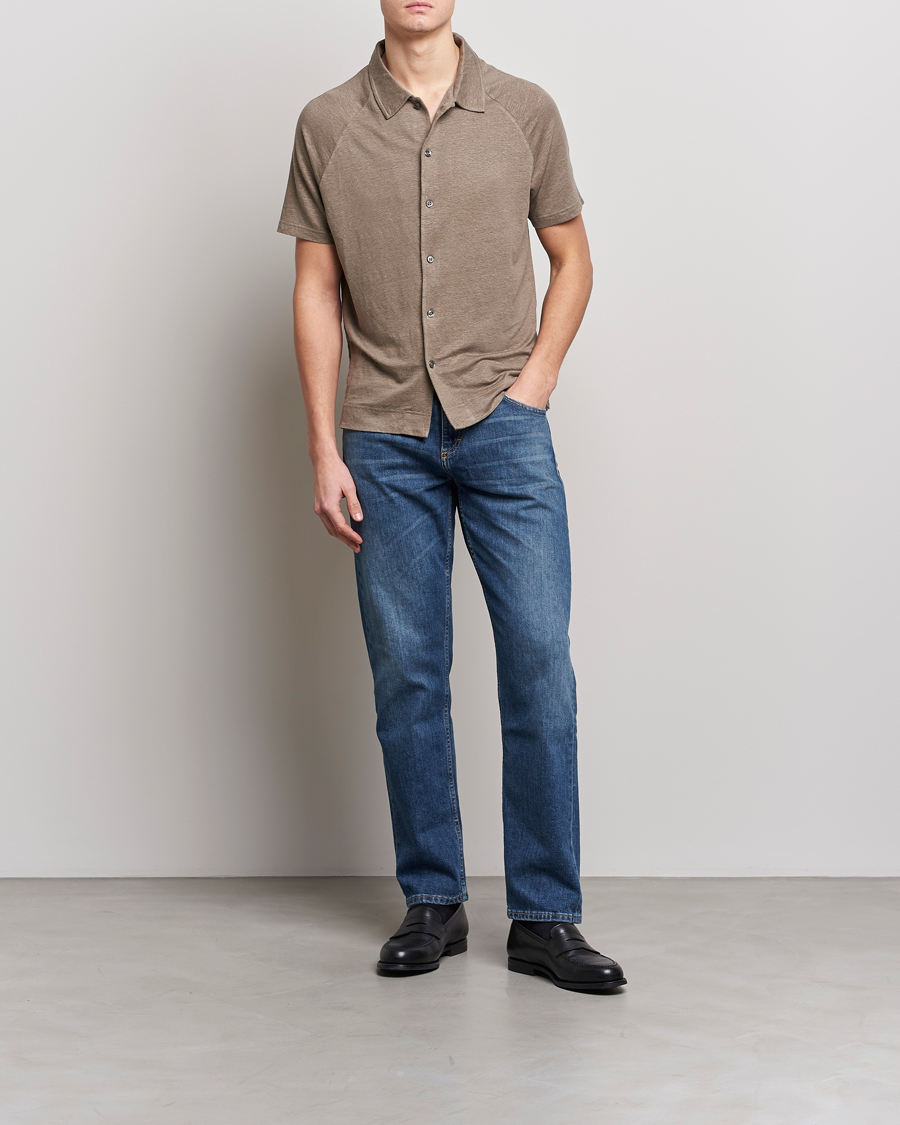 Herr | Skjortor | Oscar Jacobson | Albin Short Sleeve Linen Polo Taupe