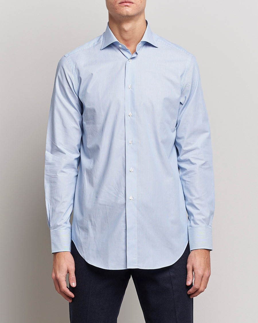 Herr | Skjortor | Kamakura Shirts | Slim Fit Striped Broadcloth Shirt Light Blue