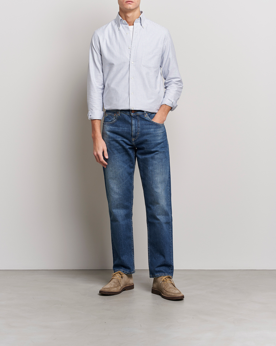 Herr | Skjortor | Kamakura Shirts | Slim Fit Striped Oxford BD Shirt Light Blue
