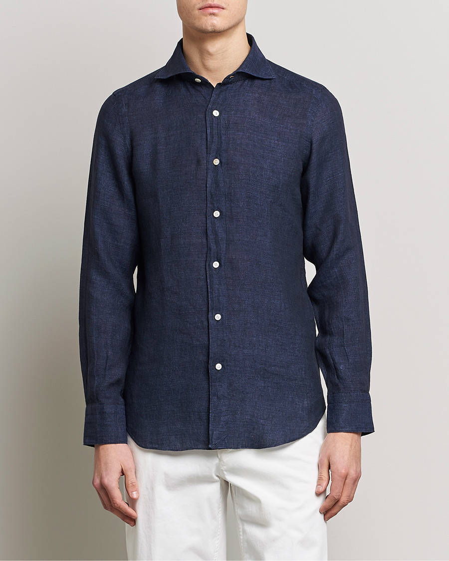 Herr | Skjortor | Finamore Napoli | Tokyo Slim Linen Shirt Navy