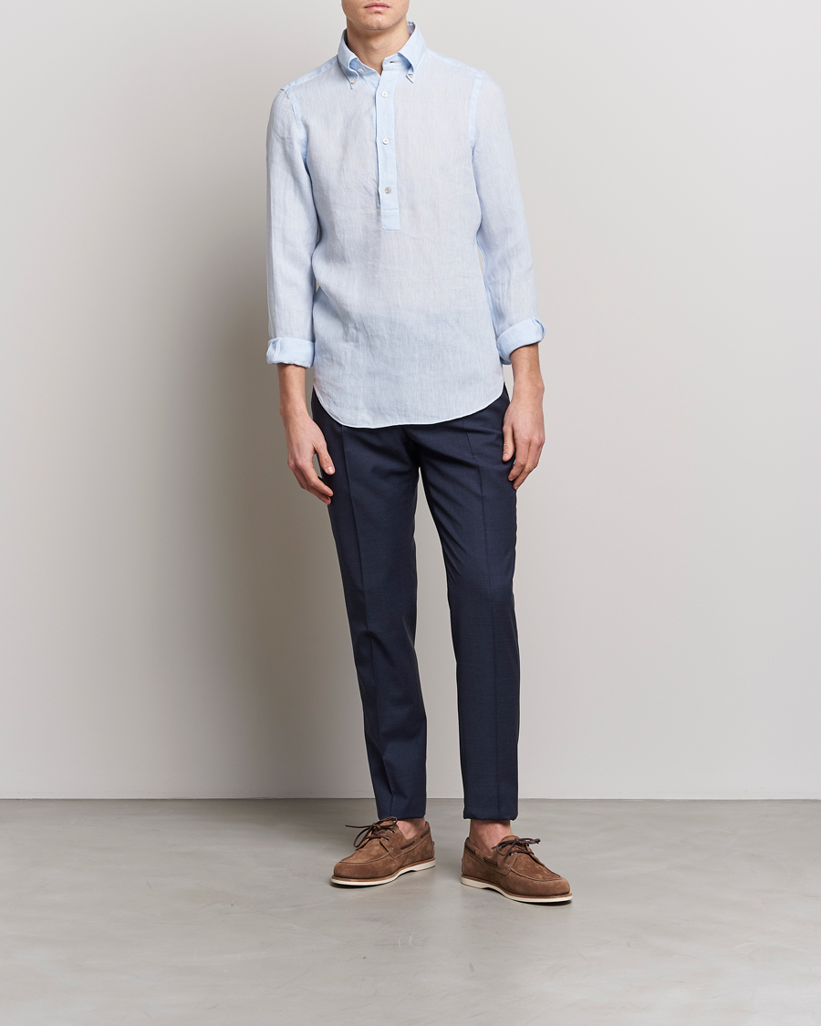 Herr | Skjortor | Finamore Napoli | Miami Linen Popover Shirt Light Blue