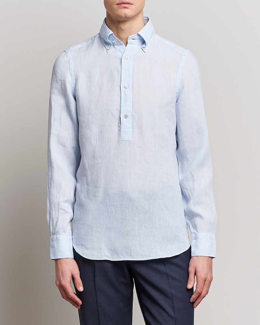 Herr | Skjortor | Finamore Napoli | Miami Linen Popover Shirt Light Blue