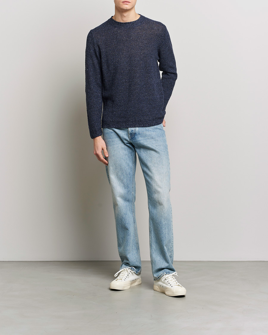 Herr | Tröjor | Inis Meáin | Moss Stiched Linen Crew Neck Dark Blue